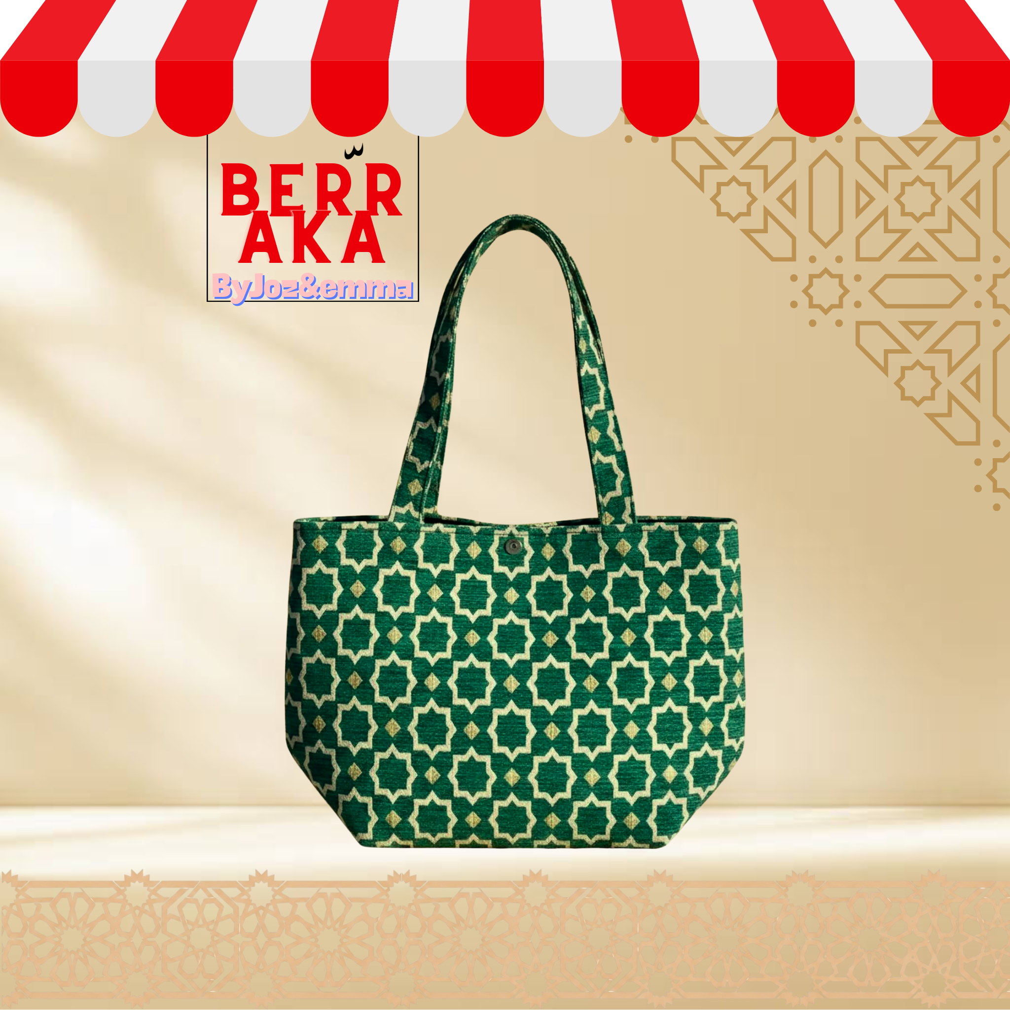 Sac cabas marocain Zellij – Sac en tissu marocain fait main à motif mosaïque géométrique