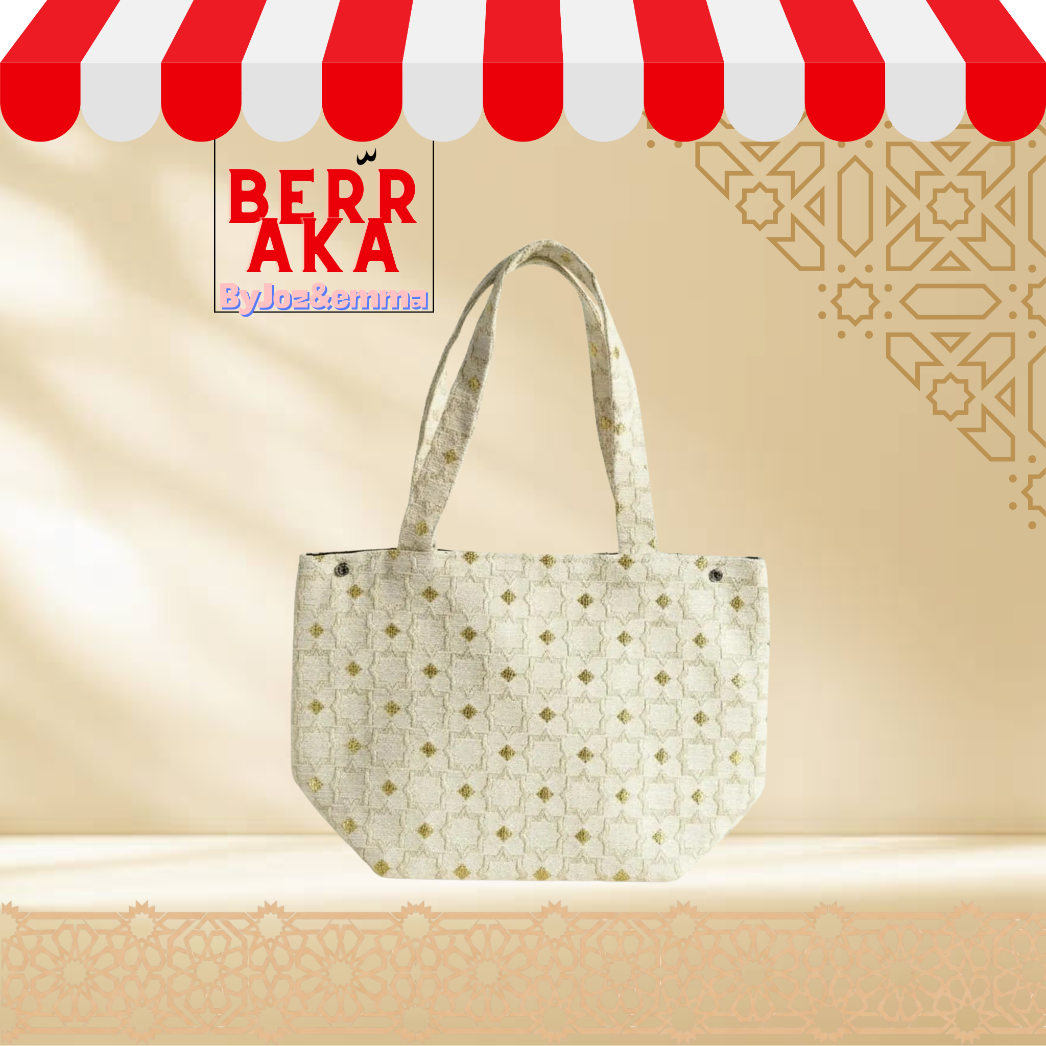 Sac cabas marocain Zellij – Sac en tissu marocain fait main à motif mosaïque géométrique