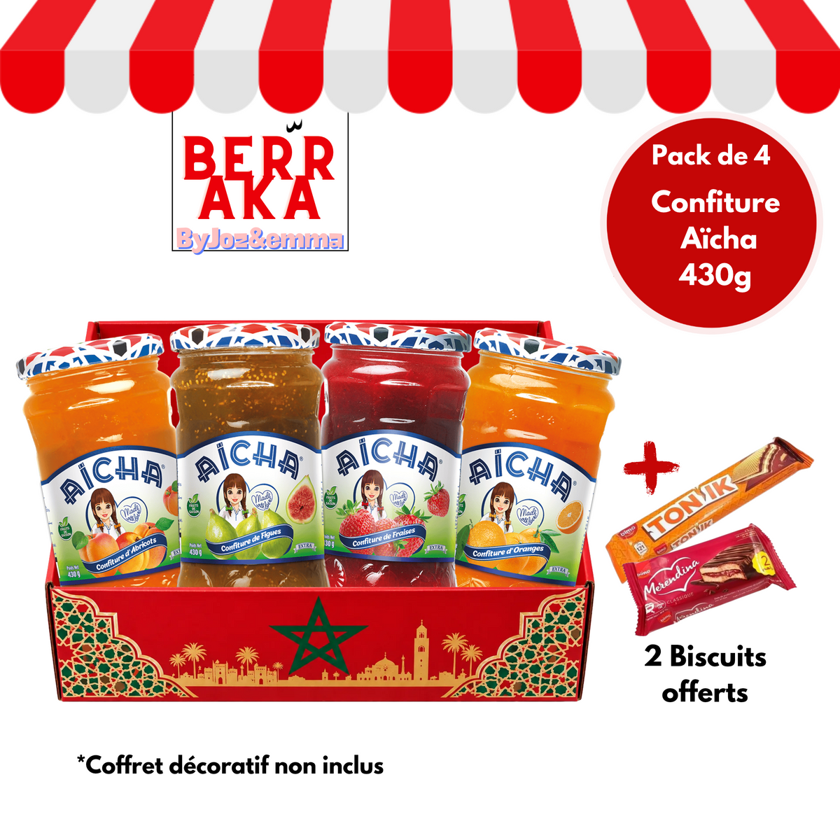 Pack Confiture Aïcha - 4 Saveurs ( + 2 Biscuits offerts )