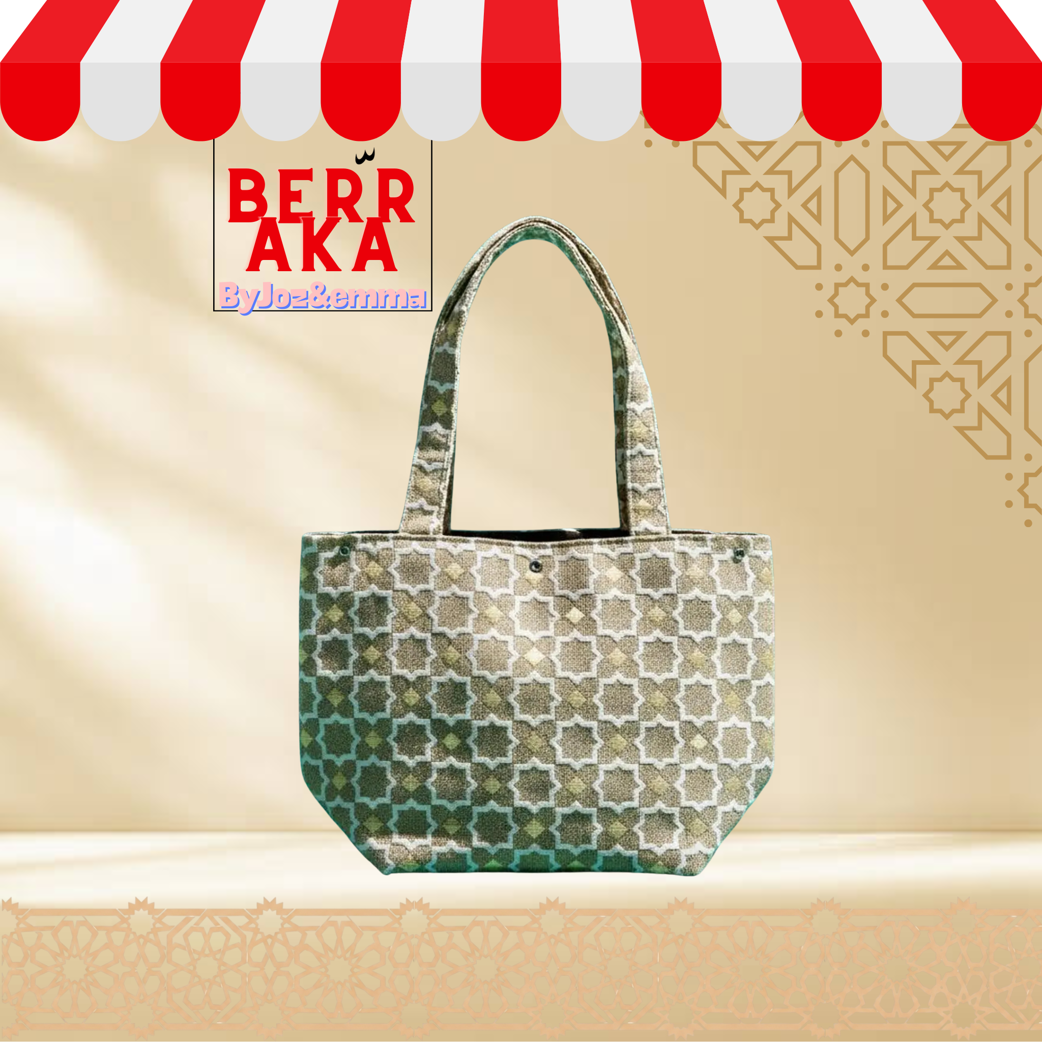 Sac cabas marocain Zellij – Sac en tissu marocain fait main à motif mosaïque géométrique