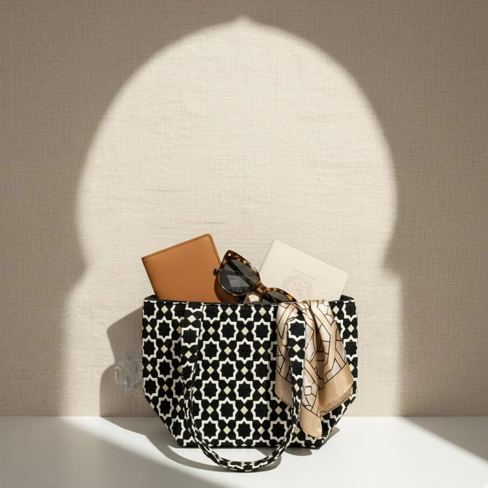 Sac cabas marocain Zellij – Sac en tissu marocain fait main à motif mosaïque géométrique